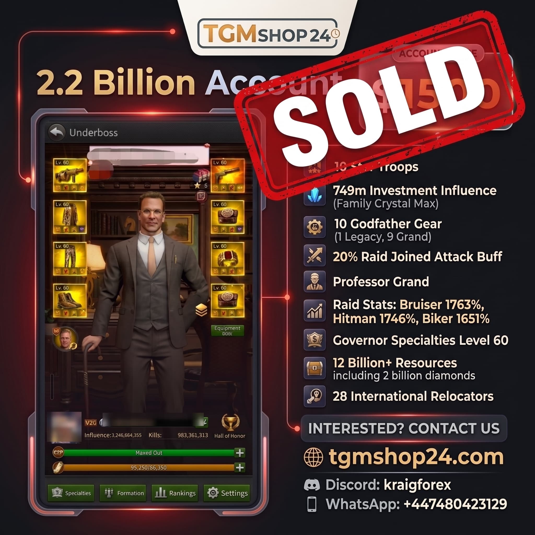 2.2 Billion Account VIP 20 GW Level 60 Troops Star Level 10 20% rjb